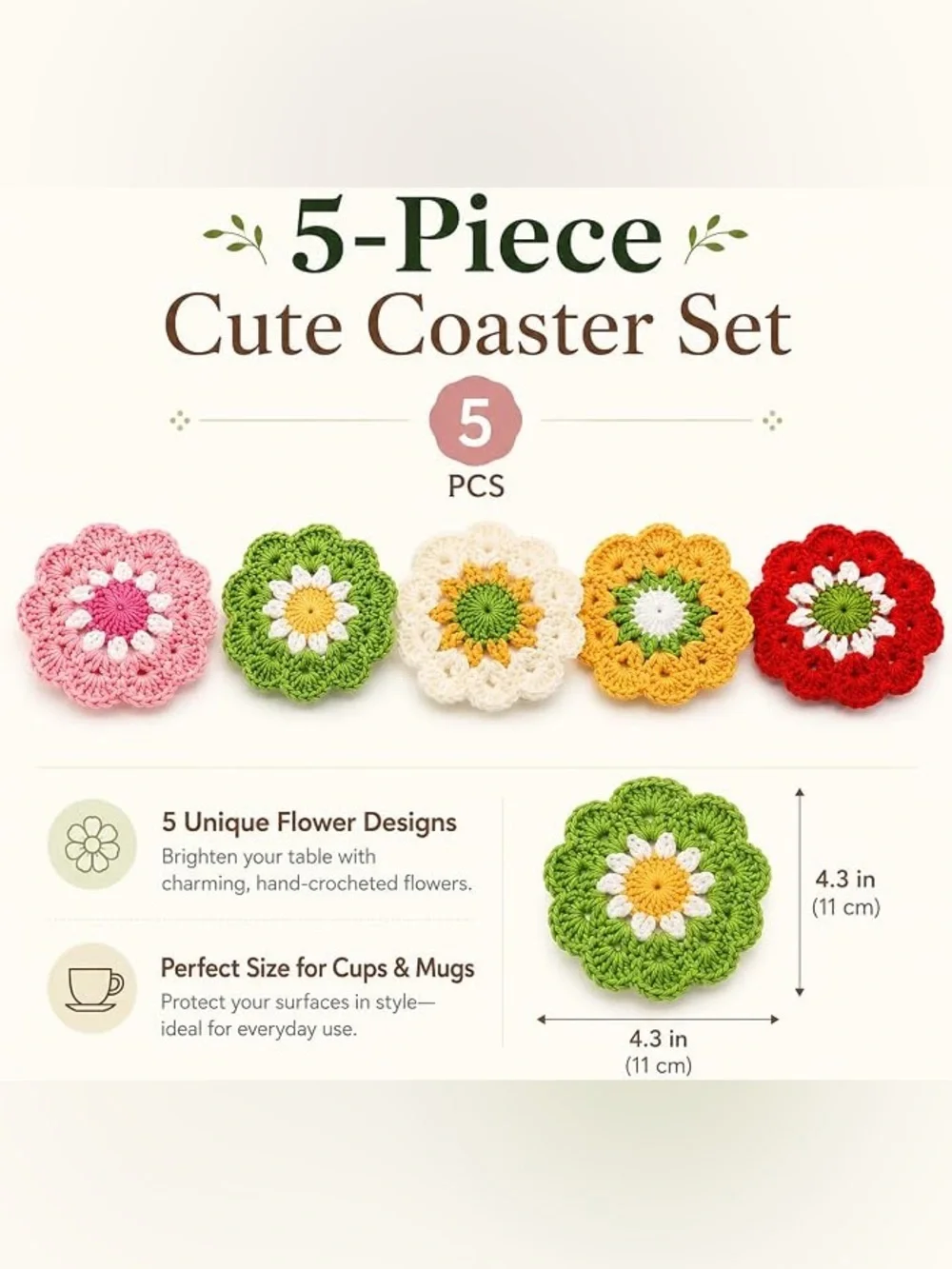 Cute Flower Crochet Coasters Set - Multicolor